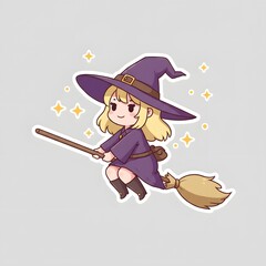Cute Witch Girl Flying on a Broomstick - Halloween Cartoon Illustration