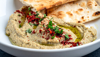 Baba ganoush with pita bread. Smoky eggplant dip. Tasty snack.
