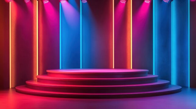 A vibrant stage with a circular platform and colorful lighting, featuring a red and blue color scheme.