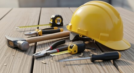 Fototapeta premium Builder's Toolkit: Yellow Hard Hat and Hand Tools on a Sunlit Wooden Surface
