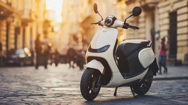 A white electric scooter parked on a cobblestone street with a warm, golden sunset in the background.