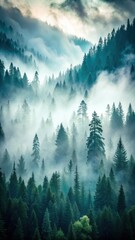 Dense coniferous forest with tall trees covered in misty fog