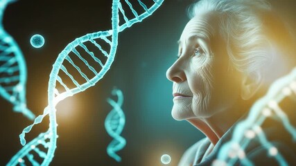 Elderly woman looking thoughtfully at glowing digital DNA strands with futuristic biotechnology and genetics concept in soft light - Powered by Adobe