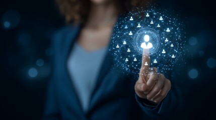 Close up of businesswoman using human resources management system for choosing candidate for hiring process