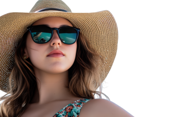 Young woman wearing a straw hat and sunglasses, isolated on transparent background