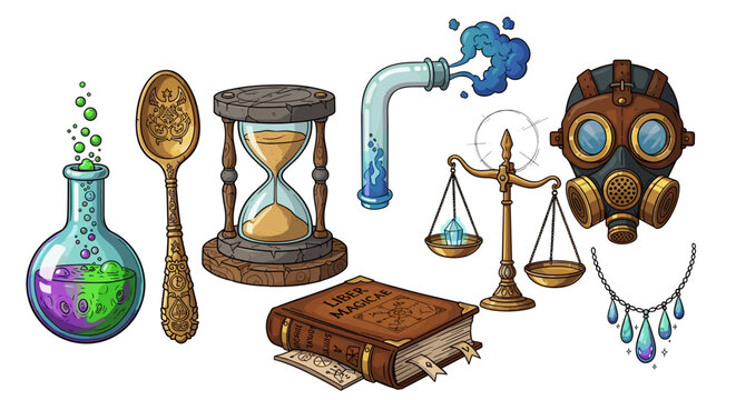 Whimsical Wizardry: Mystical Elements and Magical Artifacts Illustration on White Background