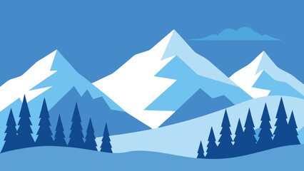 Fototapeta premium Stylized winter mountain landscape with snow-capped peaks and pine trees in flat design mountains nature transparency background