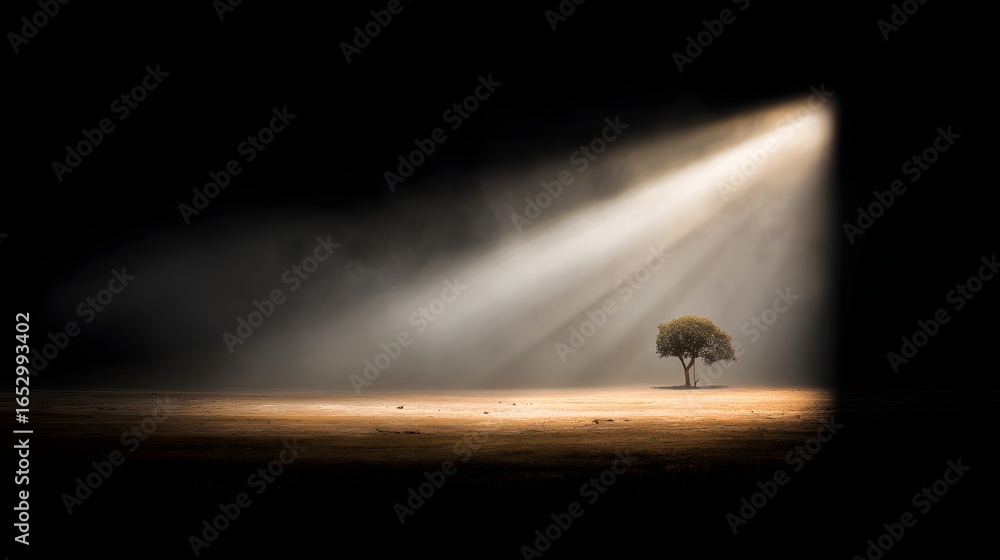 Poster a solitary tree stands illuminated by a single shaft of light, bathed in ethereal light on a dusty p