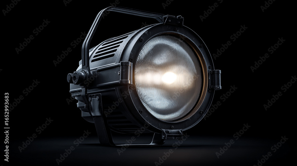 Poster A close up of a single fresnel light on a black background with a handle