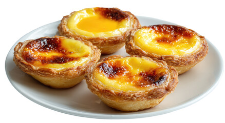 Four small, golden-brown pastries on a white plate.  Each filled with a custard-like, yellow filling.  Crispy, flaky pastry crust.  Appetizing