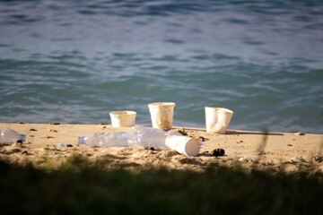 “Plastic waste on the beach.”
beach and sea