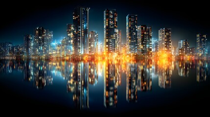 Obraz premium A vibrant metropolis reflects in the still waters of a tranquil body of water, showcasing the captivating city lights at night.
