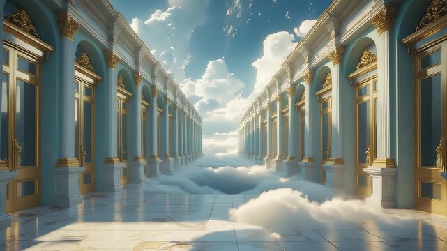 Majestic golden palace corridor with tall columns and windows extending into clouds under bright sky with dreamy light reflections