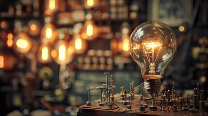 A vintage light bulb with a glowing filament on a wooden table in a dimly lit room with warm lighting.