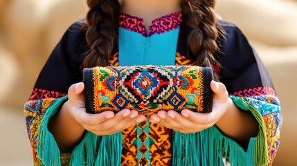 Young Girl Holding Intricately Woven Textile with Colorful Geometric Patterns