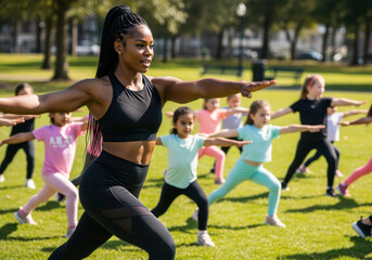 Fitness instructor leading diverse kids yoga class outdoors