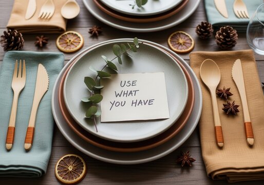 Eco-friendly table setting with bamboo cutlery and motivational note - Powered by Adobe