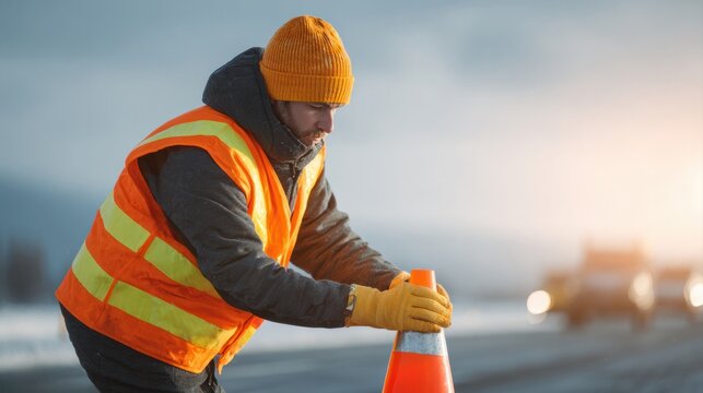 Traffic control worker sets up safety cone on roadway urban area photography daylight close-up public safety awareness