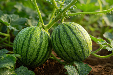 Two young, striped green melons covered in water droplets growing on a vine in a garden setting.