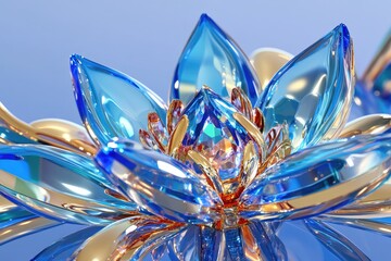 Intricate Blue and Gold Glass Lotus Flower Design