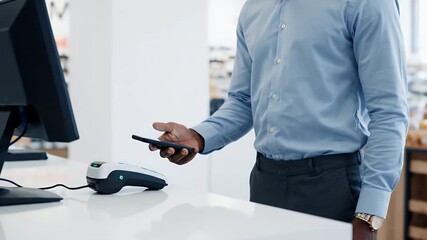 A man in a light blue shirt making a contactless payment with his smartphone at a modern retail counter. - Powered by Adobe