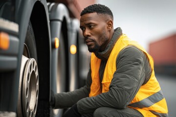 Truck maintenance action transportation location service content urban environment close-up viewpoint safety concept for drivers