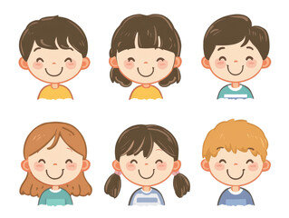 Cute cartoon illustrations of smiling children with various hairstyles and clothing colors, expressing happiness. diverse group includes boys and girls with different hair colors and styles