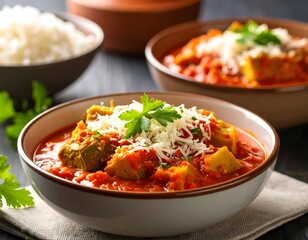 Bowl of Vegetable Curry with Rice, Garnished with Herbs and Grated Cheese