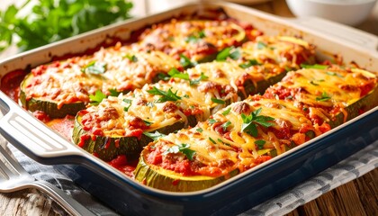 Baked Vegetable Casserole with Cheese and Tomato Sauce Garnished with Parsley