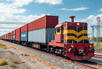 Fototapeta premium Intermodal freight train transporting cargo containers, intermodal transportation, supply chain