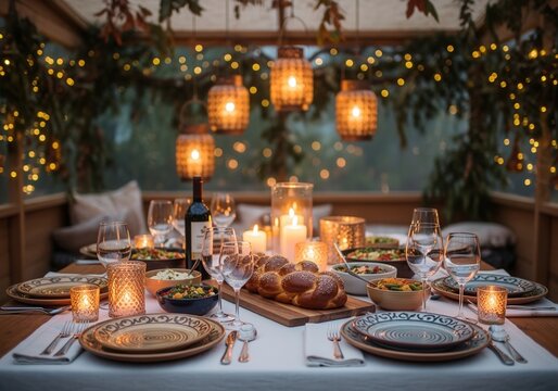 Festive Sukkot Dinner Table with Challah Bread, Candles, and Traditional Jewish Dishes in a Sukkah
