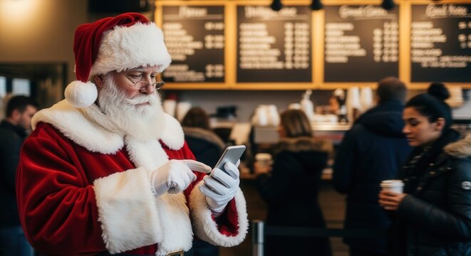 Santa Claus ordering coffee with smartphone in modern cafe