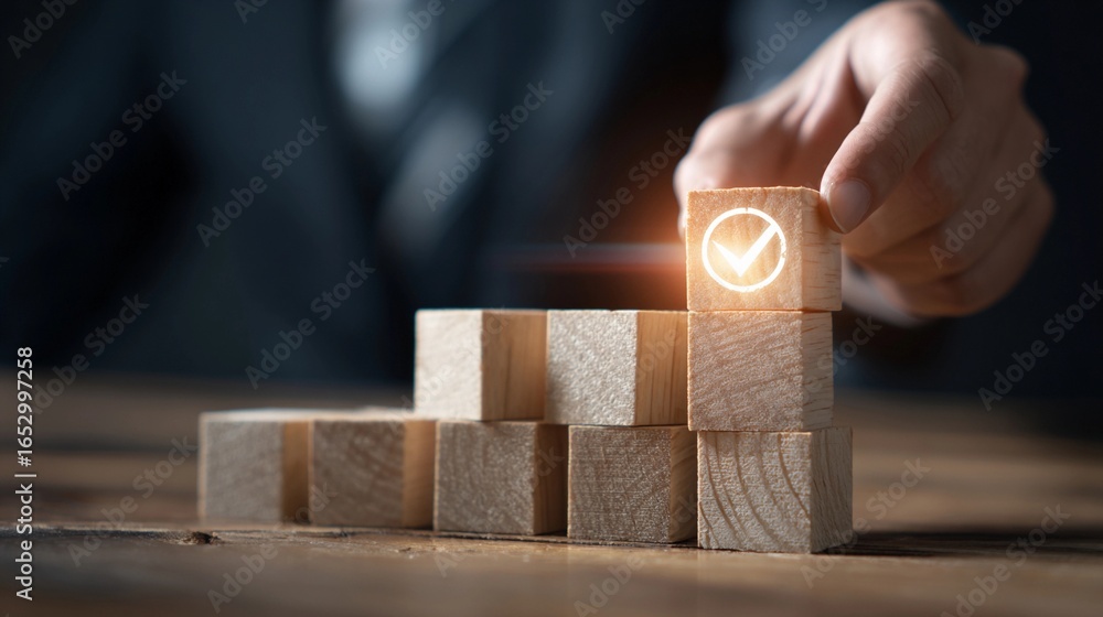 Poster building success with wooden blocks and a glowing checkmark symbol in a professional setting during 