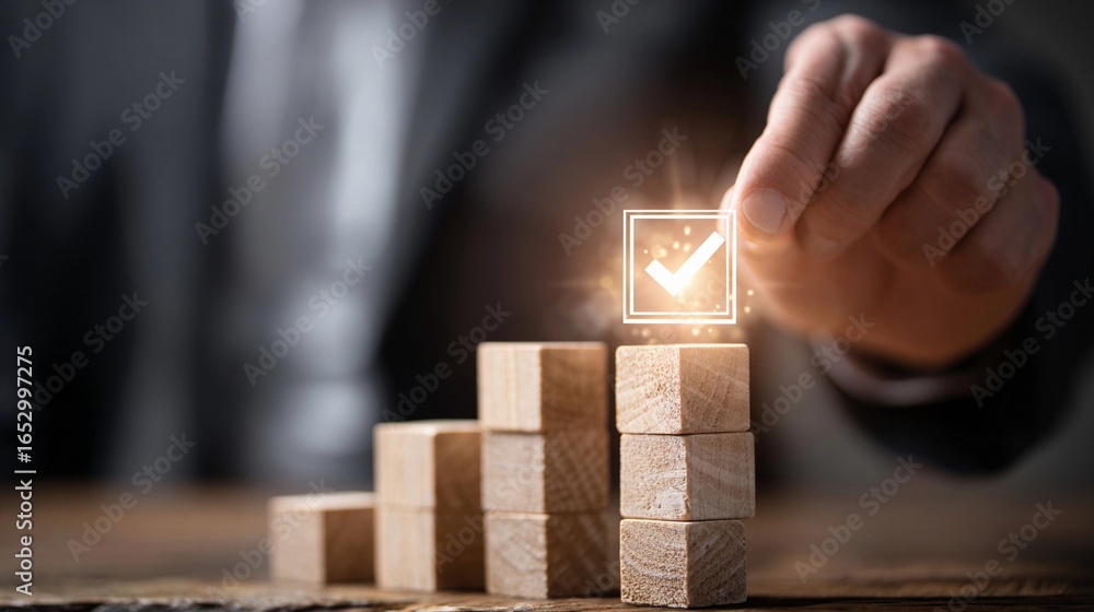 Poster building success with wooden blocks and a glowing checkmark symbolizing achievement in a professiona