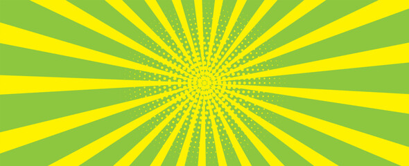 Sun ray light. Sun rays background. Radial burst. Sunburst green pattern isolated on yellow background. Beams line. Radiate sunlight. Comic effect texture. Retro pop art stripe. Vector illustration
