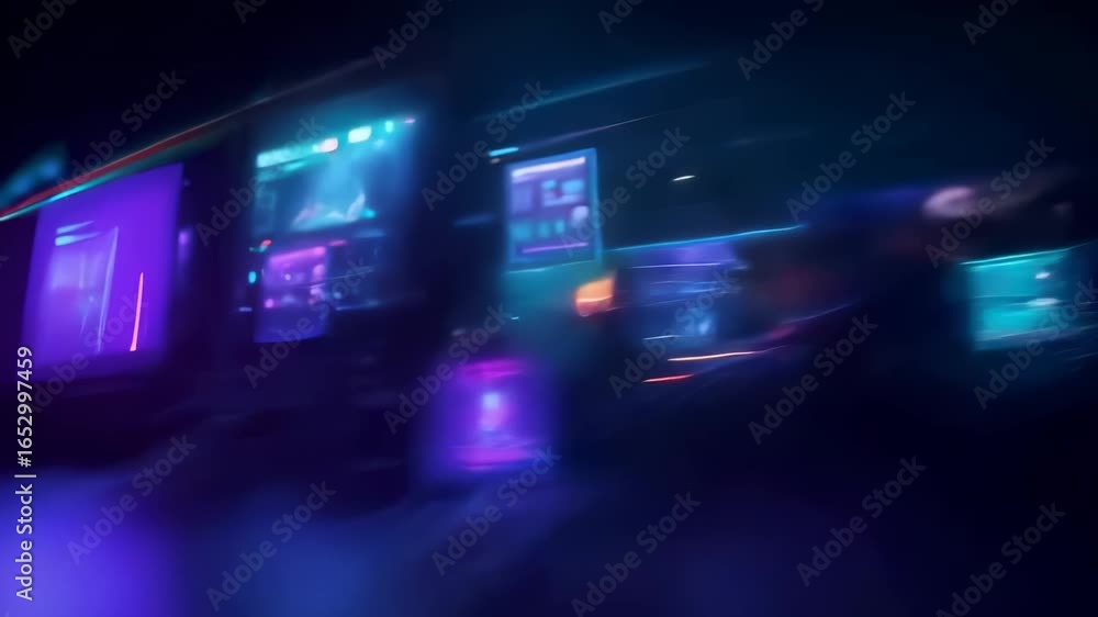Poster multiple holographic screens display complex data visualizations with dynamic graphs, charts, and an
