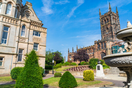 The 15th Century St Peter's Collegiate church and fountain in Wolverhampton, UK