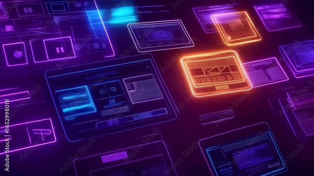 Poster neon-colored wireframe screens with glowing interface elements, showcasing digital dashboard and mob