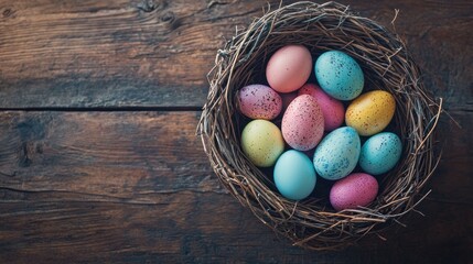 A wooden bird's nest filled with colorful Easter eggs on a rustic wooden table.