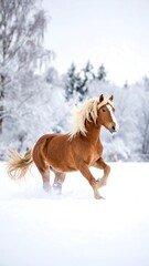 Obraz premium A chestnut horse galloping across a snowy field.