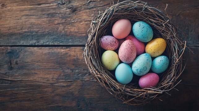 A wooden bird's nest filled with colorful Easter eggs on a rustic wooden table.