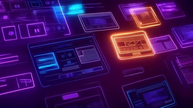 Neon-colored wireframe screens with glowing interface elements, showcasing digital dashboard and mobile device layouts in blue, purple, and orange color spectrum