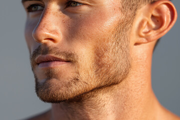 Close up of young male jawline and neck with light beard and freckles on skin, showing natural texture and healthy complexion in soft natural light