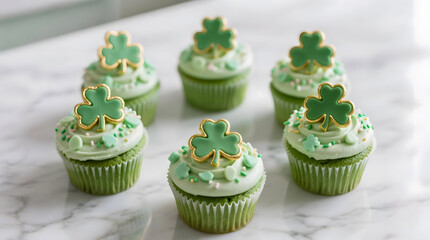 St. Patrick’s Day Cupcakes with Shamrock Toppers and Green Sprinkles on White Marble Surface