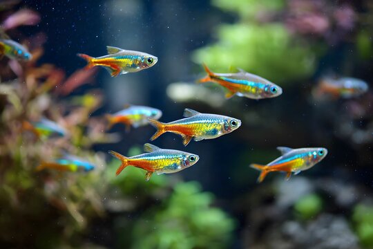 A lively group of rasbora fish swimming together in a bright aquarium scene, copy space.