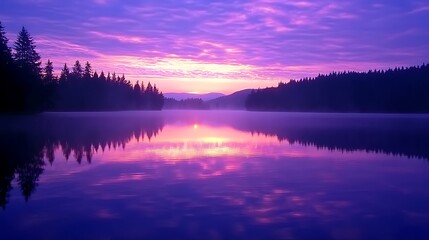 Fototapeta premium A peaceful sunrise paints the calm lake, where the still water reflects the soft colors of the morning sky.
