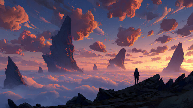 An astronaut stands on rocky terrain surrounded by mist and clouds, watching enormous glowing-rooted structures rise into a surreal sunset sky, digital art style, illustration painting Stock Illustrat