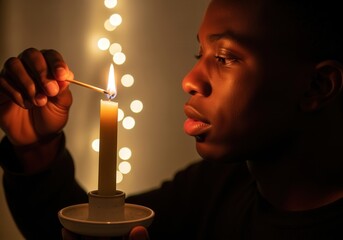 Young man lighting candle in dark room with warm bokeh lights