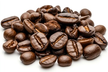 Fototapeta premium Roasted coffee beans pile, close-up view of aromatic brown seeds on white background