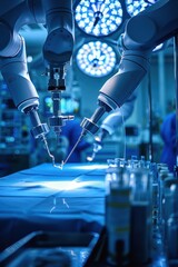 Wide view of an advanced OR with robotic arms performing surgery. Soft cool lighting defines the ultra-clean sterile environment.